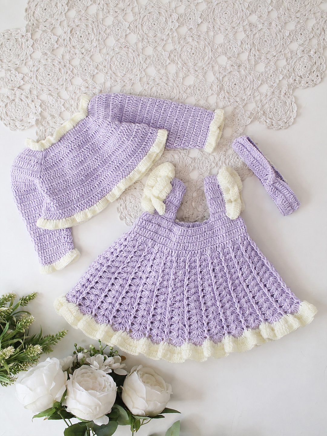 Woonie Hand Knitted Full Sleeves Bow Detailed Frock with Matching Shrug and Headband - Lavender