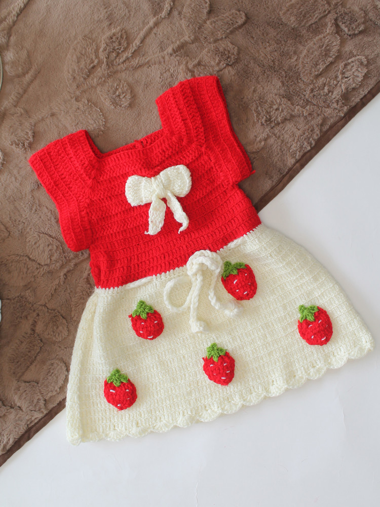 Image of Woonie Hand Knitted Sleeveless Strawberry Applique Frock - Red