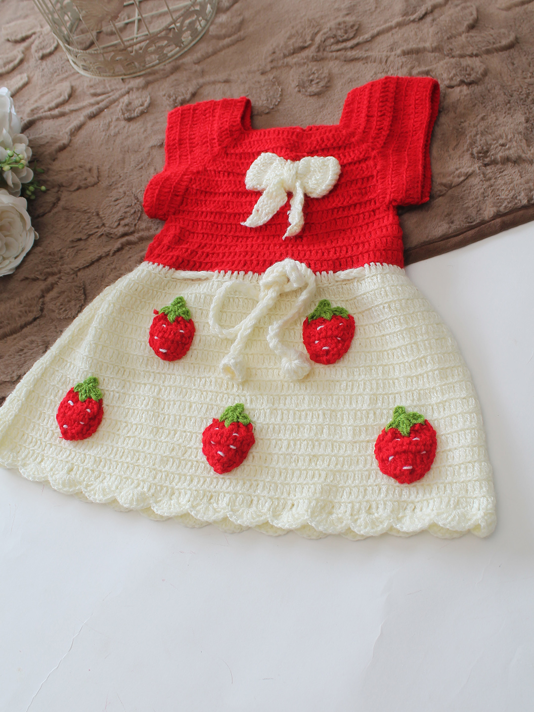Woonie Hand Knitted Sleeveless Strawberry Applique Frock - Red