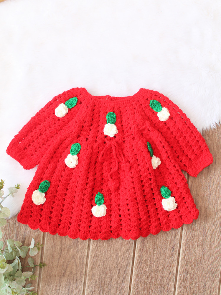 Image of Woonie Hand Knitted Full Sleeves Floral Applique Detailed Frock - Red