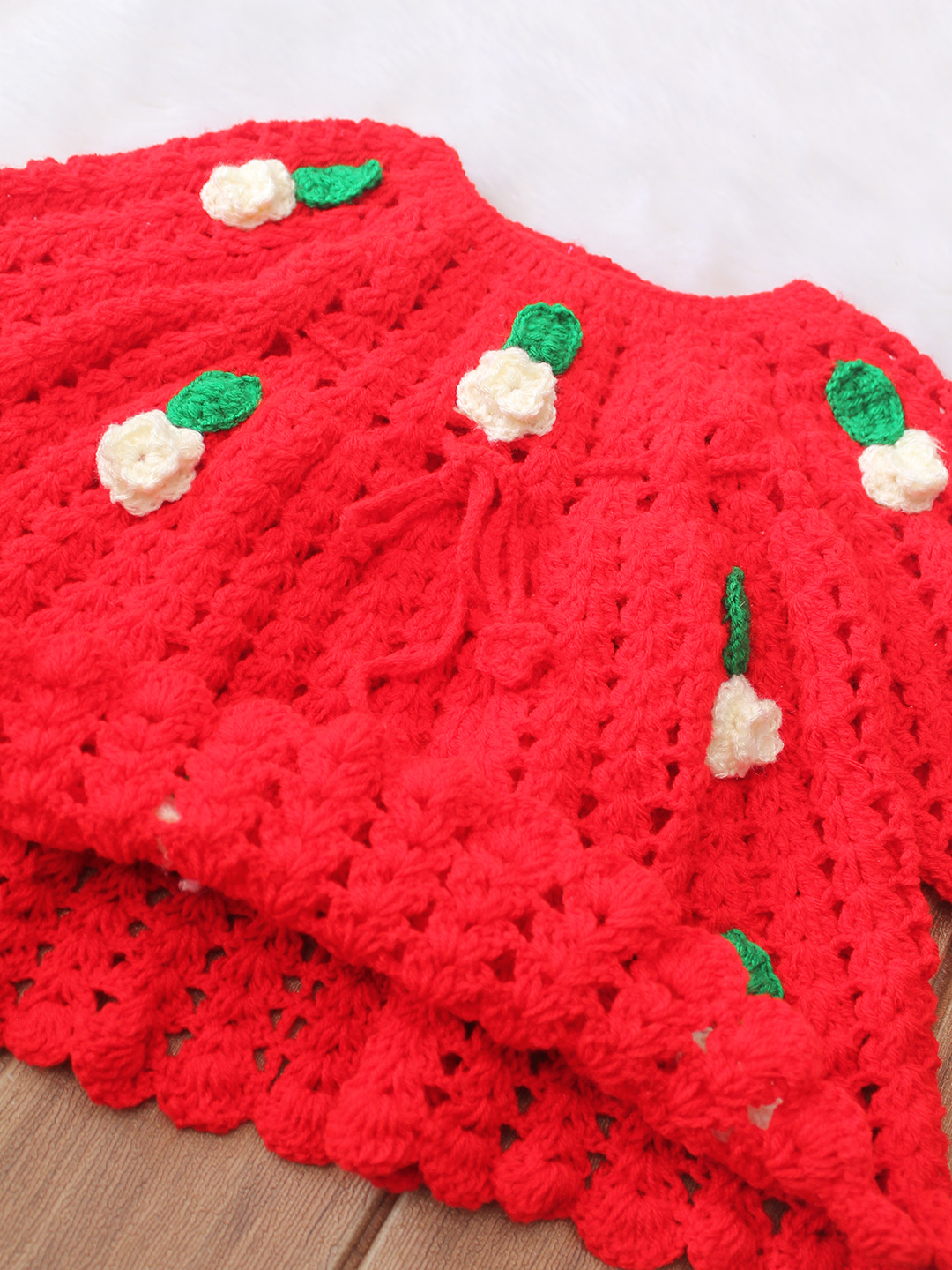 Woonie Hand Knitted Full Sleeves Floral Applique Detailed Frock - Red