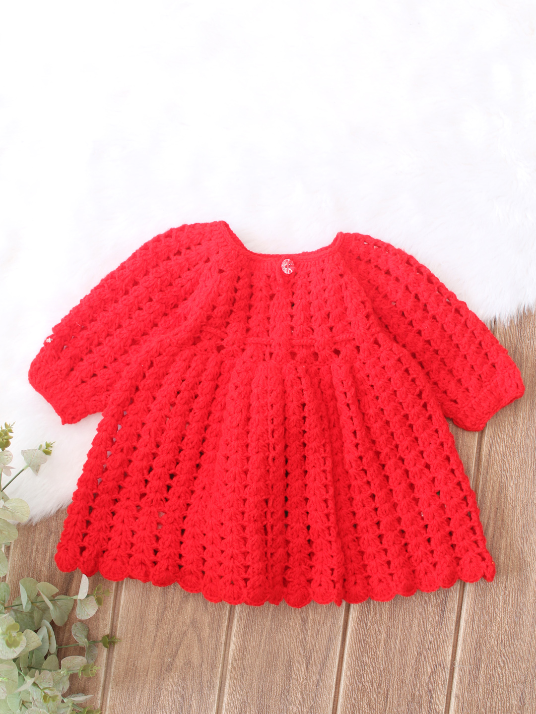 Woonie Hand Knitted Full Sleeves Floral Applique Detailed Frock - Red