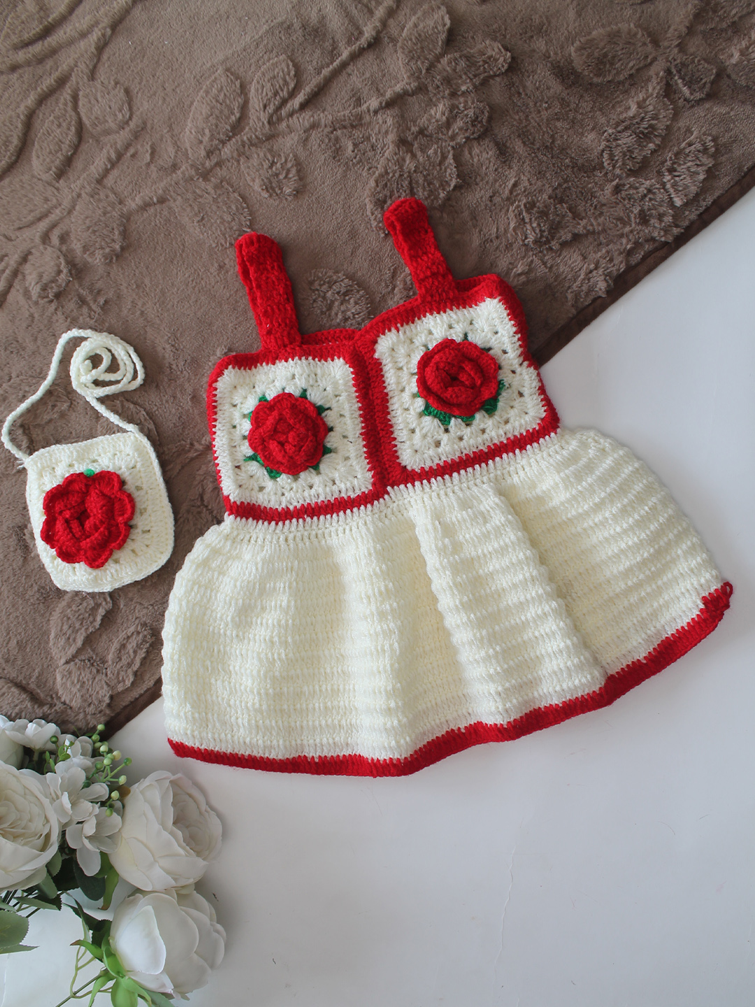 Woonie Hand Knitted Sleeveless Floral Applique Frock with Matching Bag - Cream