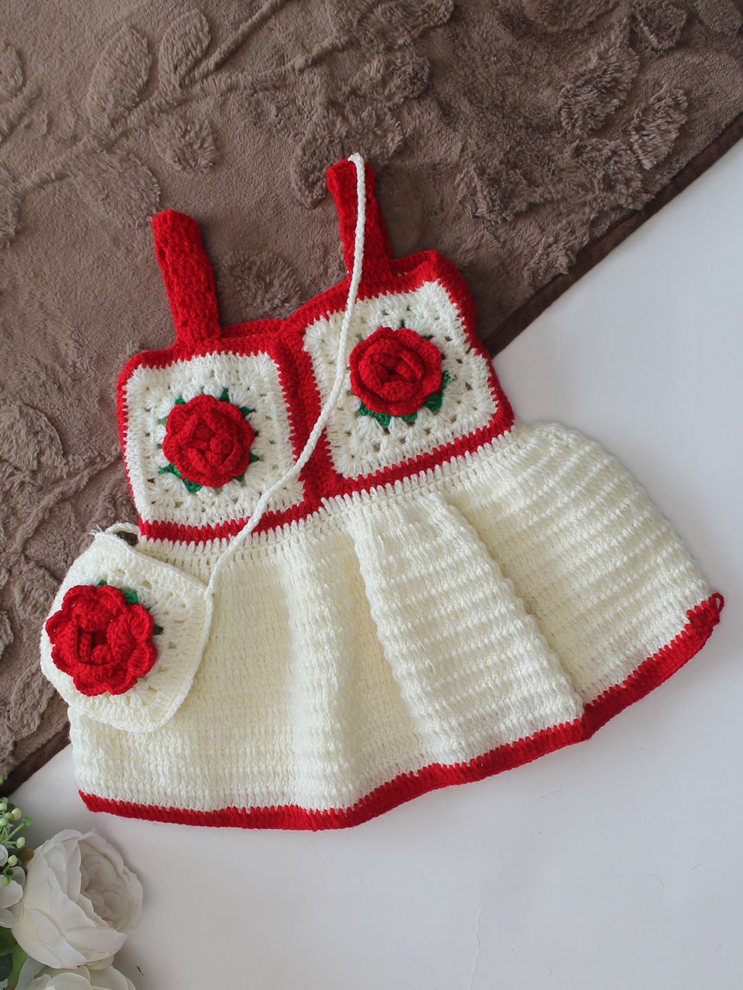 Woonie Hand Knitted Sleeveless Floral Applique Frock with Matching Bag - Cream