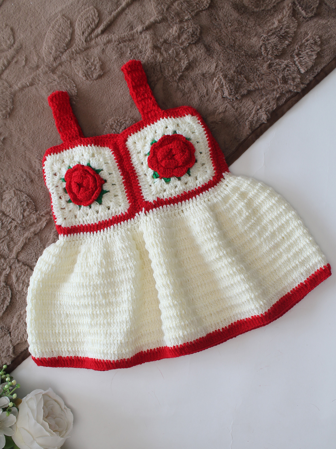 Woonie Hand Knitted Sleeveless Floral Applique Frock with Matching Bag - Cream