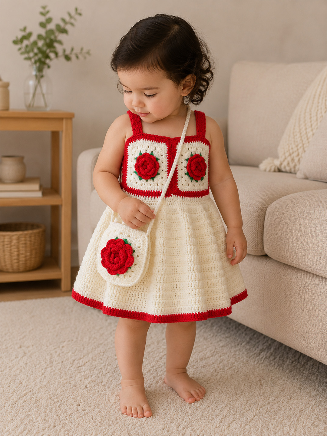 Woonie Hand Knitted Sleeveless Floral Applique Frock with Matching Bag - Cream