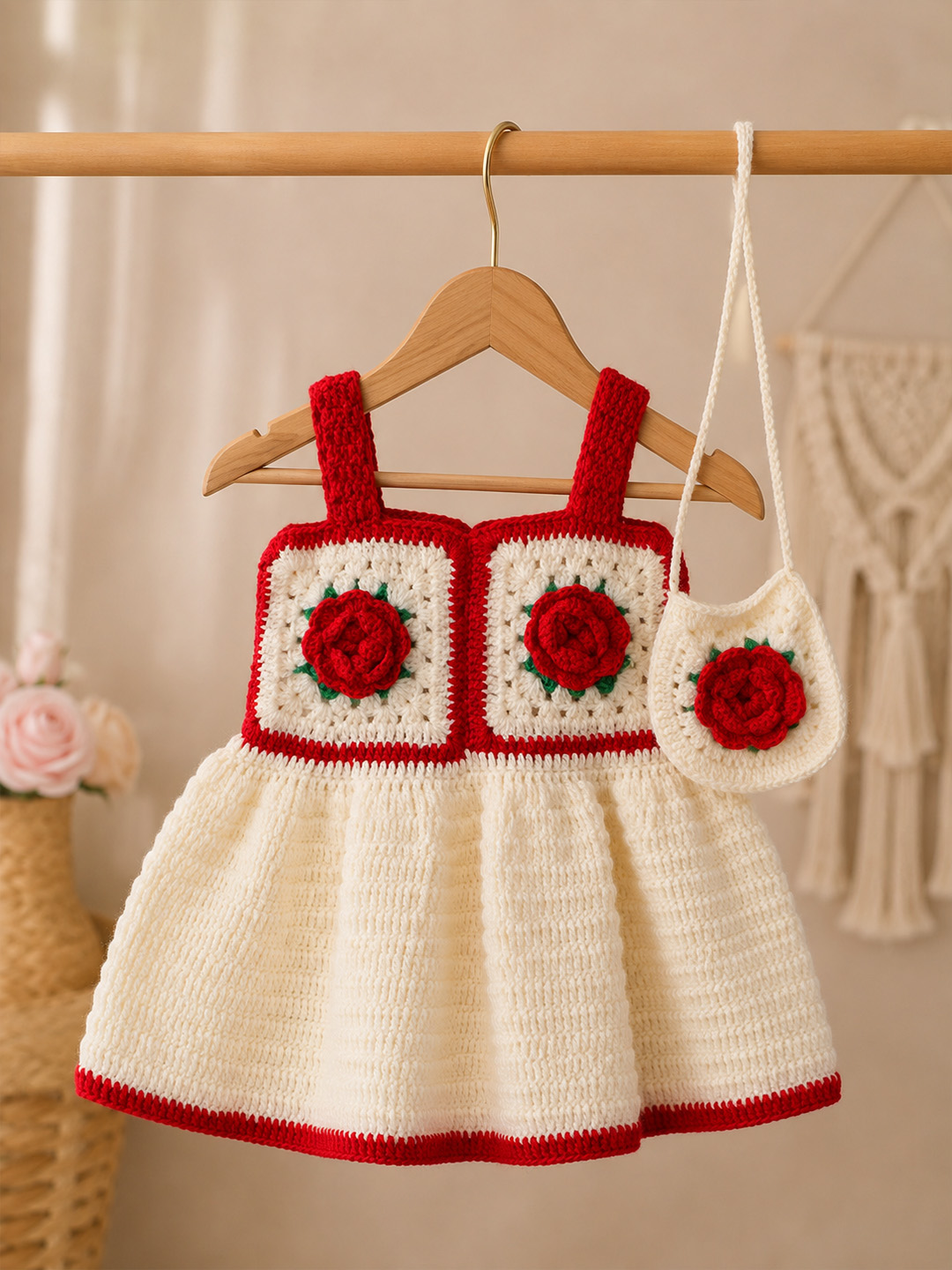 Woonie Hand Knitted Sleeveless Floral Applique Frock with Matching Bag - Cream