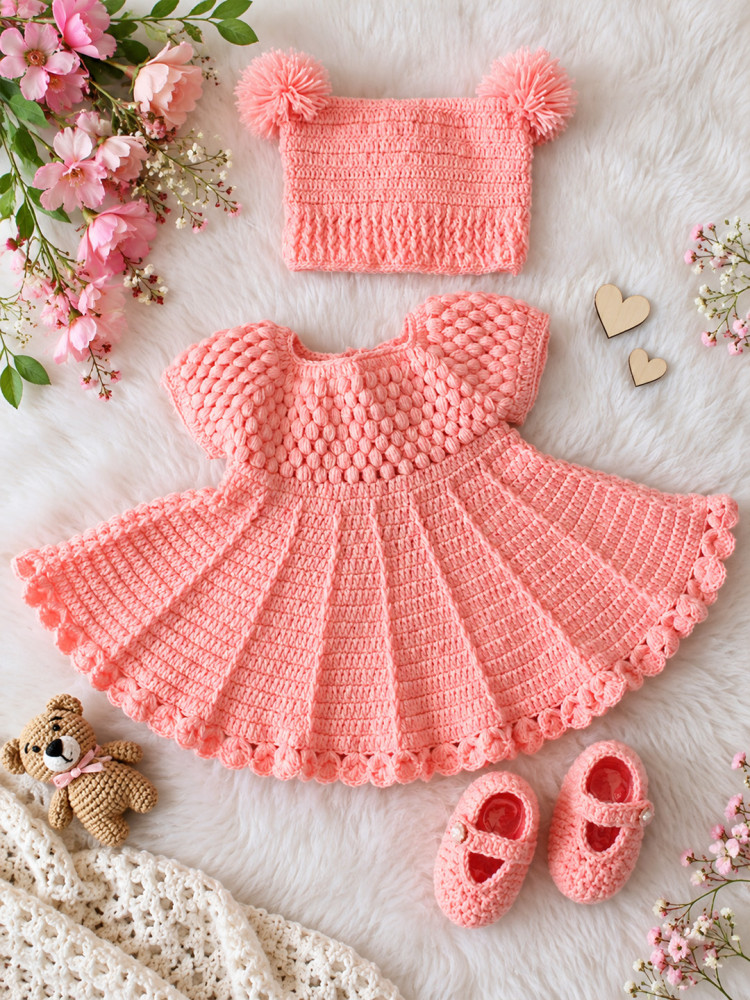 Image of Woonie Hand Knitted Cap Sleeves Self Designed Frock with Matching Cap &amp; Booties - Peach
