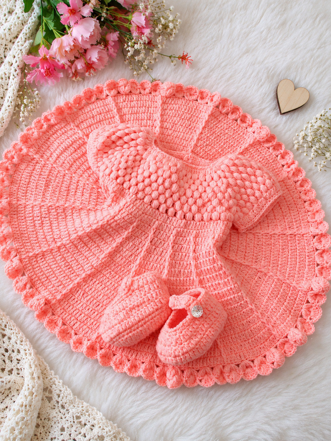 Woonie Hand Knitted Cap Sleeves Self Designed Frock with Matching Cap & Booties - Peach