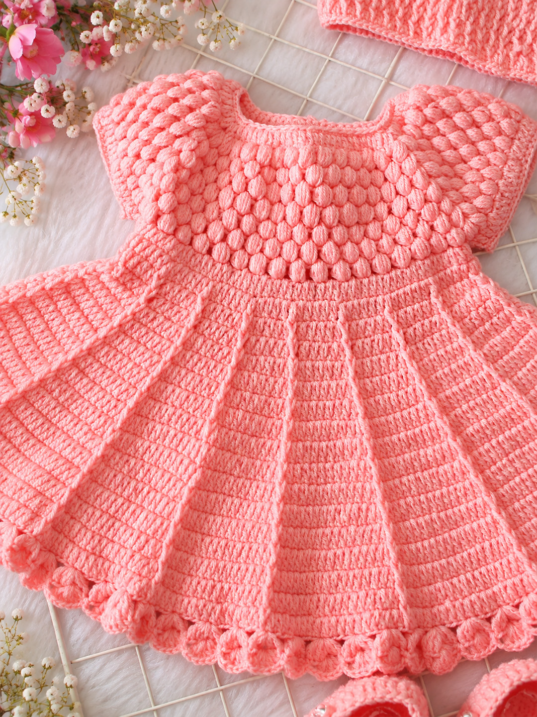 Woonie Hand Knitted Cap Sleeves Self Designed Frock with Matching Cap & Booties - Peach