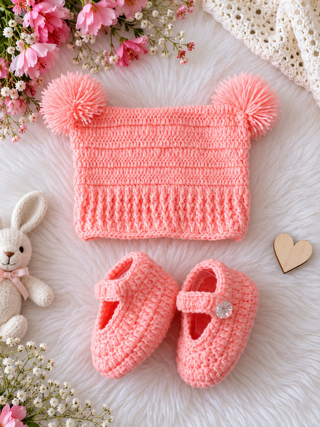 Woonie Hand Knitted Cap Sleeves Self Designed Frock with Matching Cap & Booties - Peach