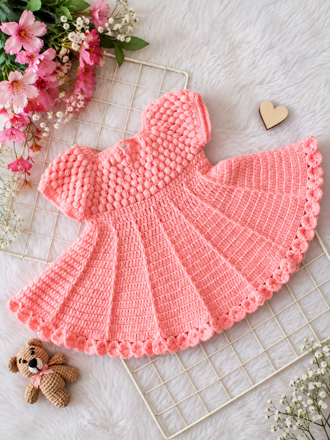 Woonie Hand Knitted Cap Sleeves Self Designed Frock with Matching Cap & Booties - Peach