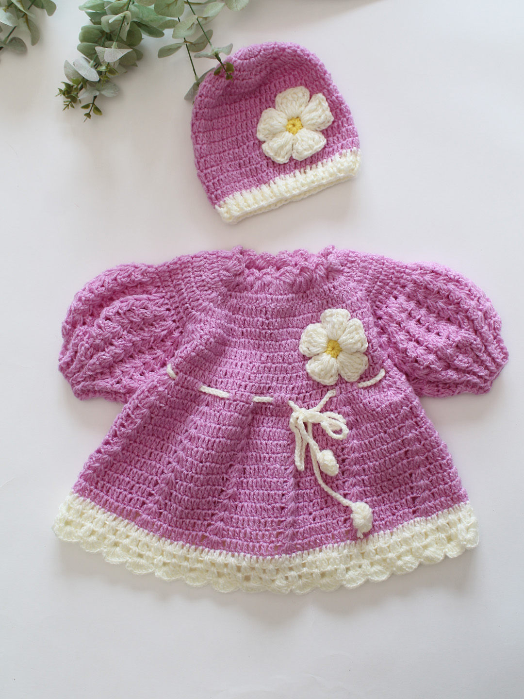 Woonie Hand Knitted Puff Sleeves Daisy Floral Frock with Matching Cap - Purple