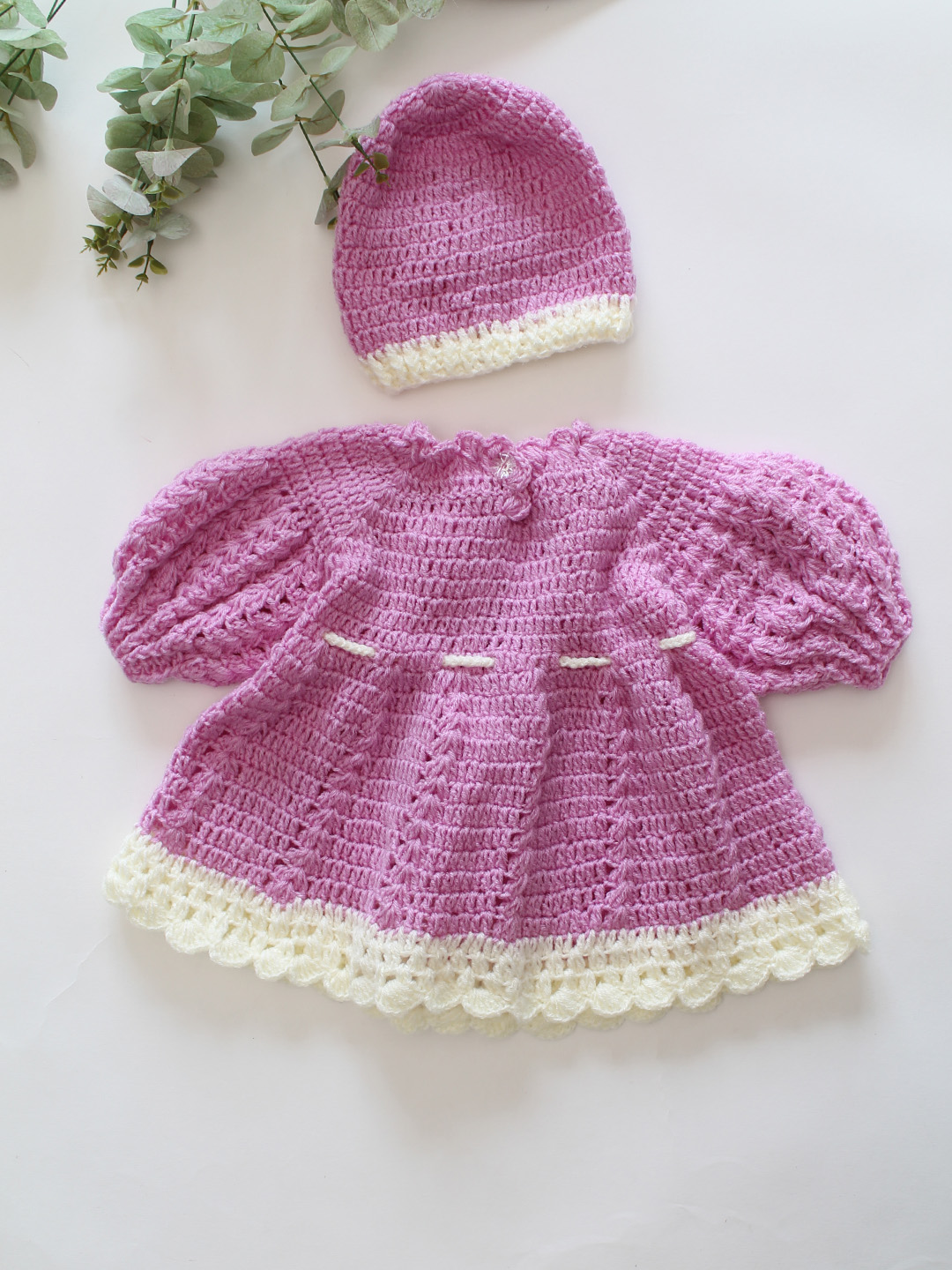 Woonie Hand Knitted Puff Sleeves Daisy Floral Frock with Matching Cap - Purple