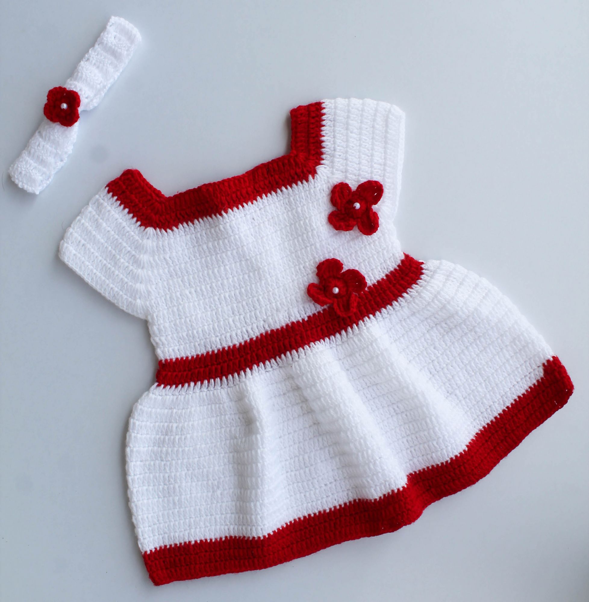 Red and White Frock with Red Flowers and Matching Headband