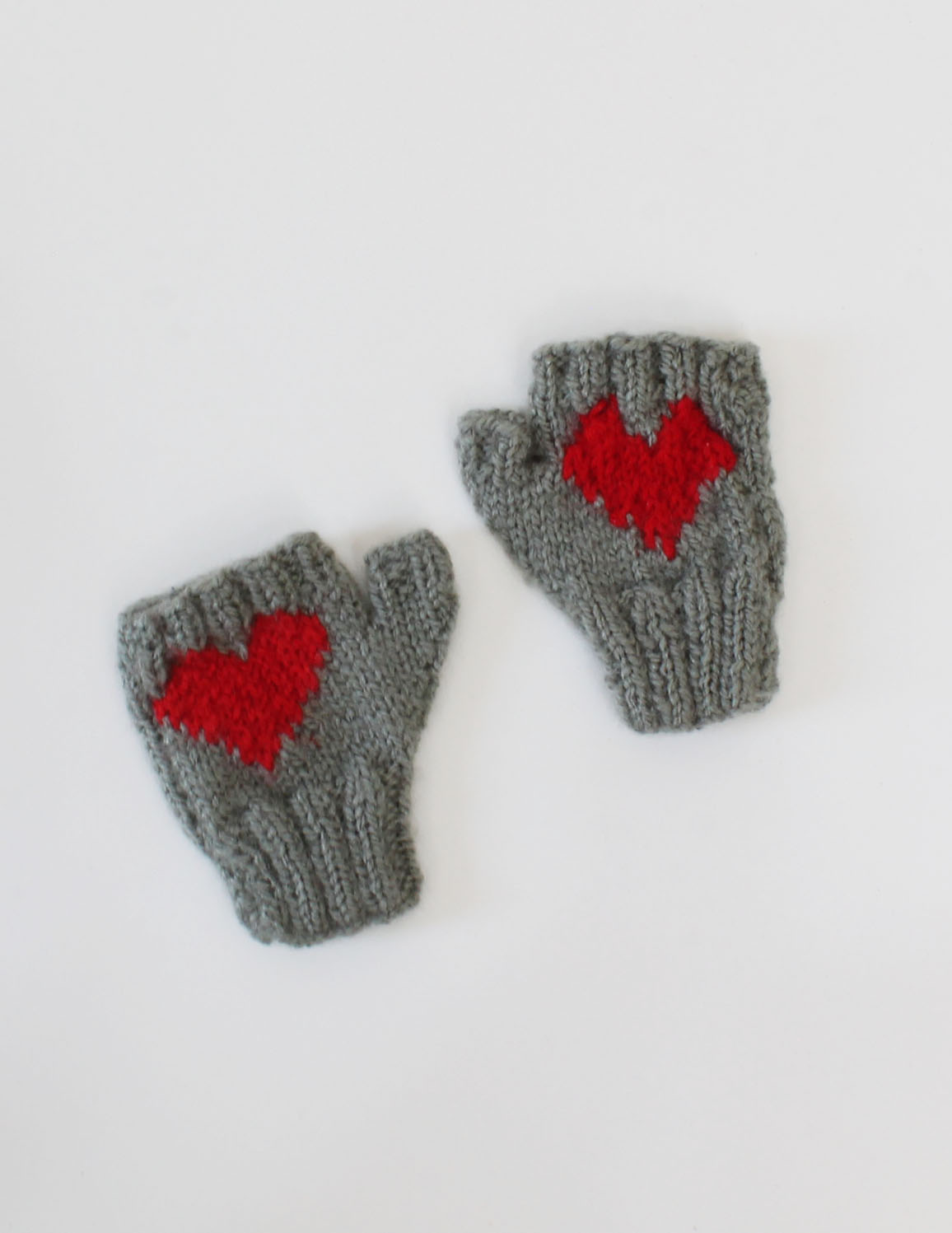 Handmade Knitted Fingerless Heart Detailing Gloves-Grey