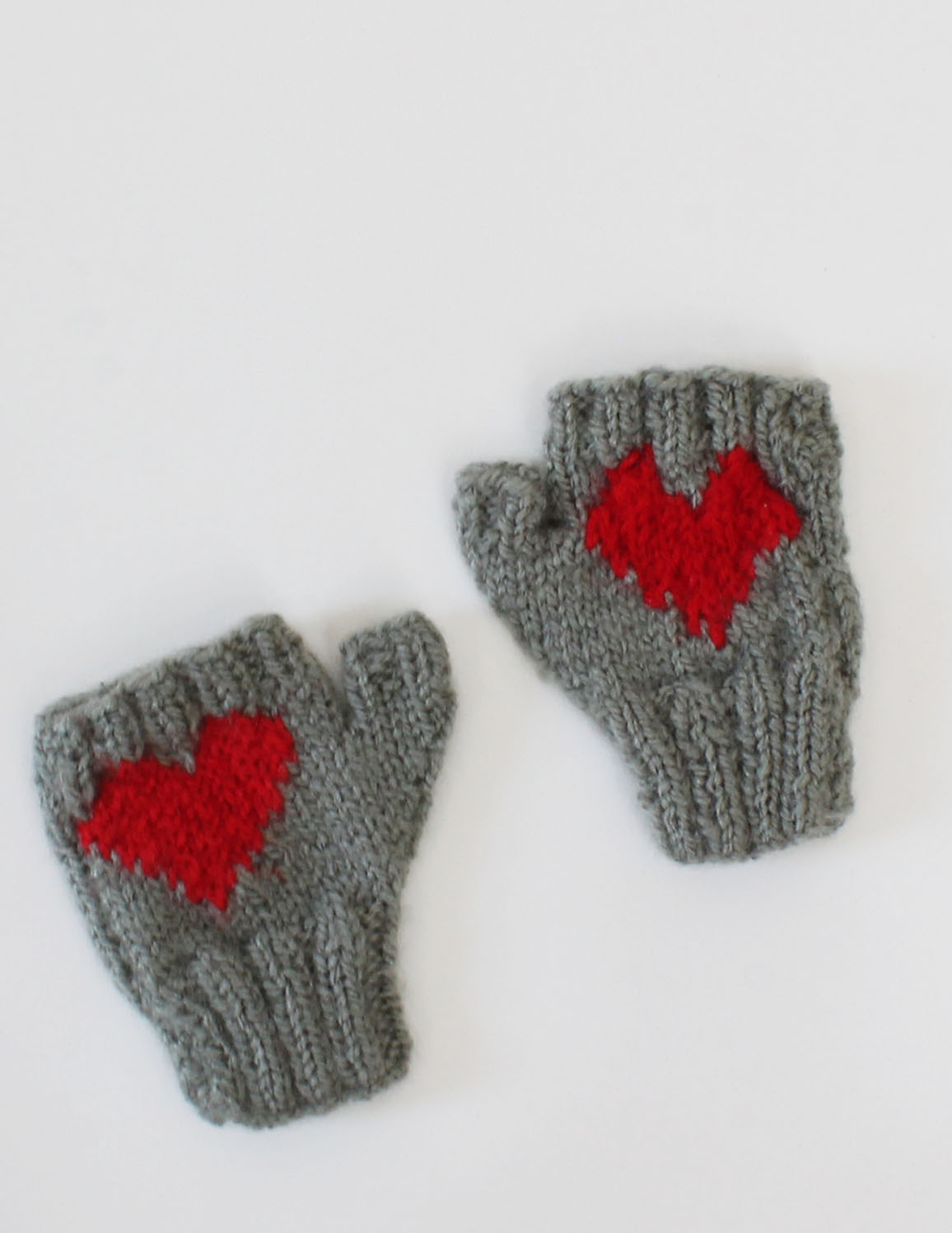 Handmade Knitted Fingerless Heart Detailing Gloves-Grey
