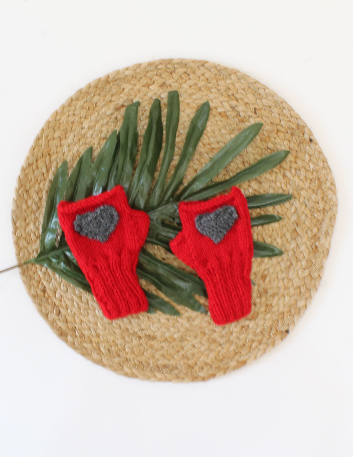 Handmade Knitted Fingerless Heart Detailing Gloves-Red