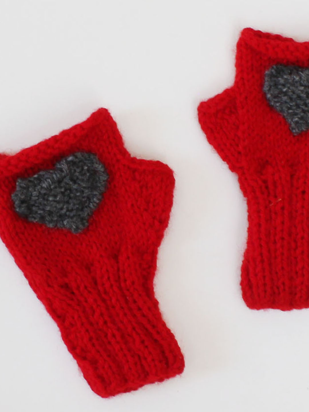 Handmade Knitted Fingerless Heart Detailing Gloves-Red