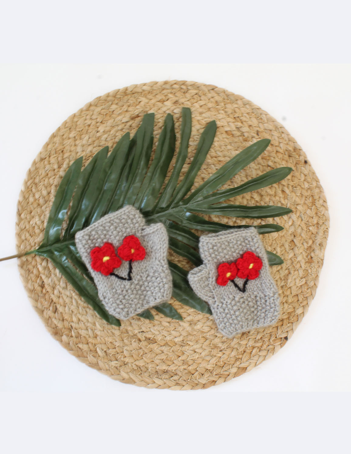 Handmade Knitted Fingerless Floral Design Gloves-Grey