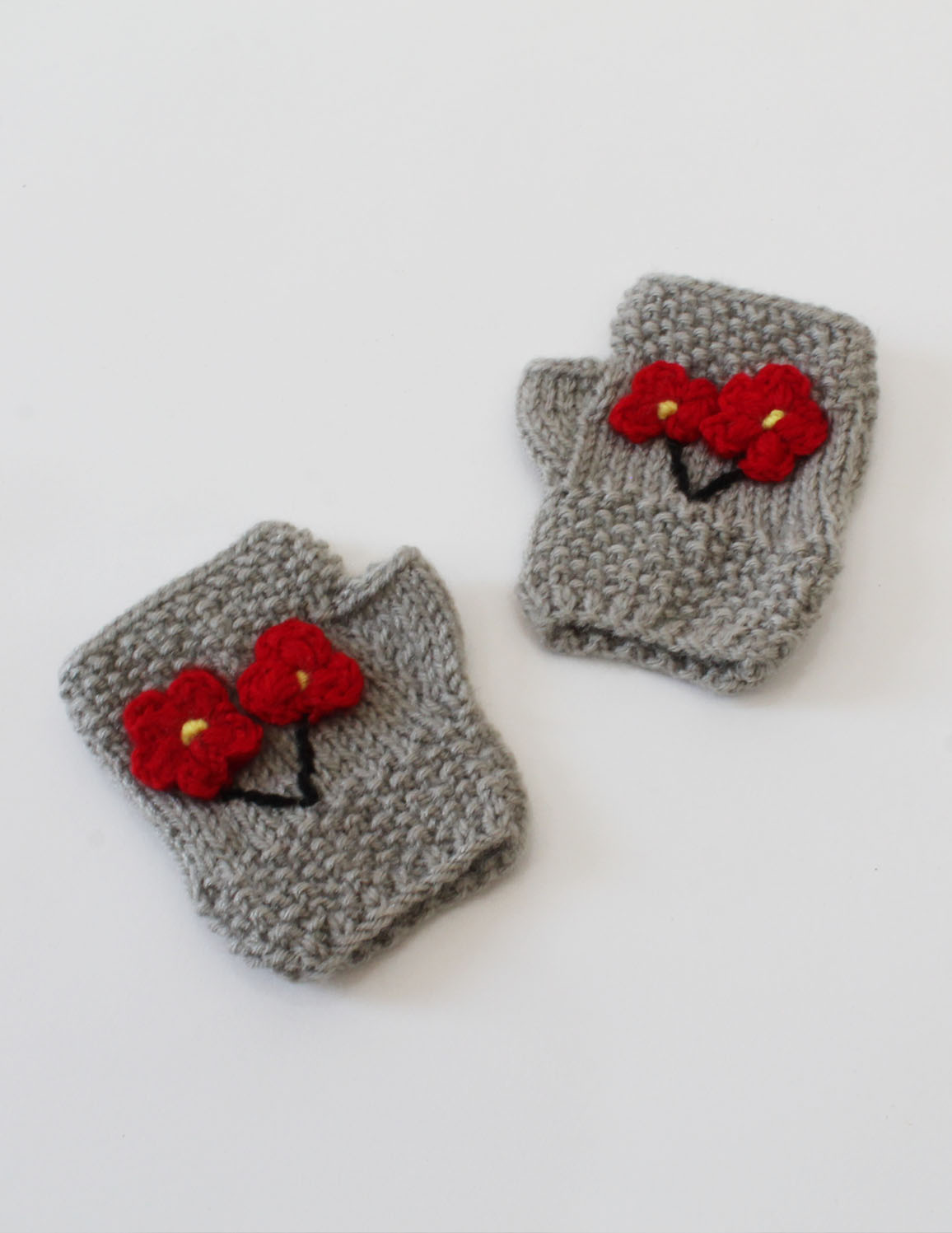 Handmade Knitted Fingerless Floral Design Gloves-Grey