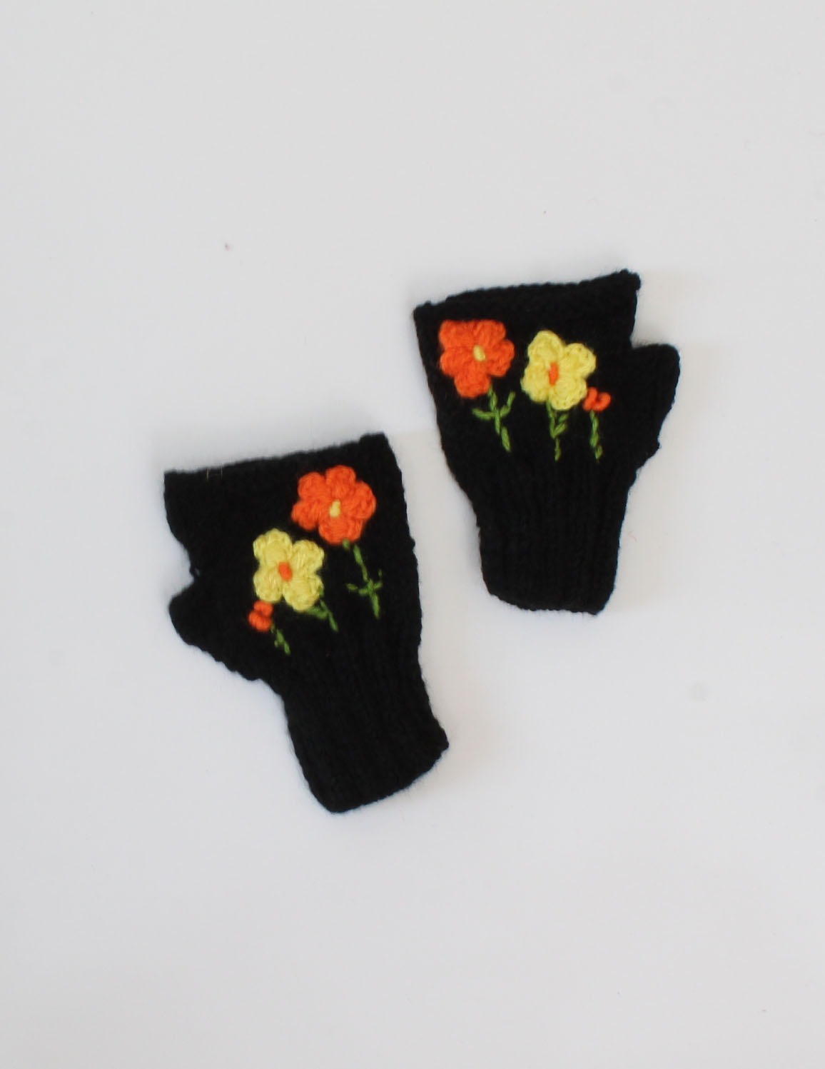 Handmade Knitted Fingerless Floral Design Gloves-Black