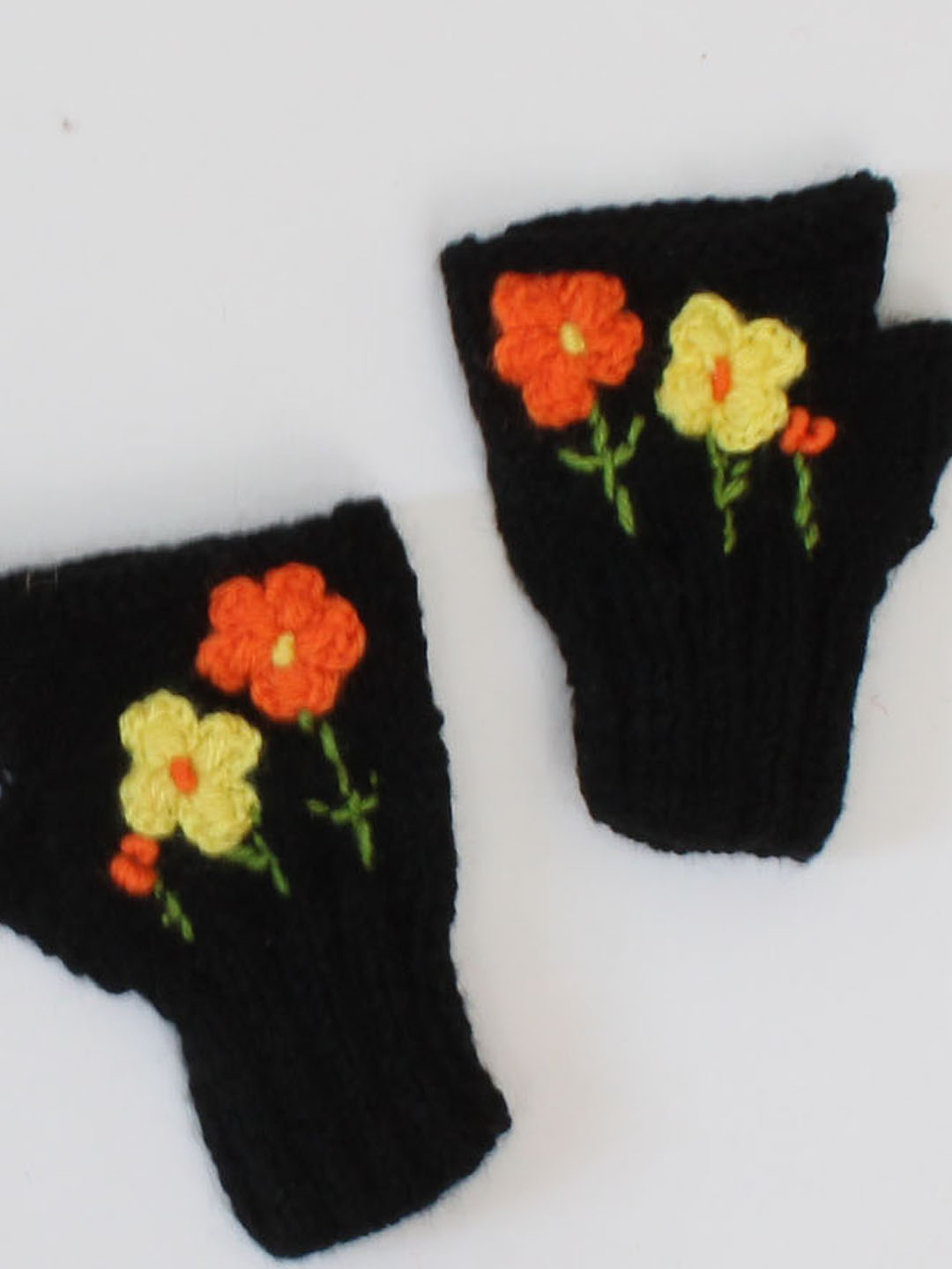 Handmade Knitted Fingerless Floral Design Gloves-Black