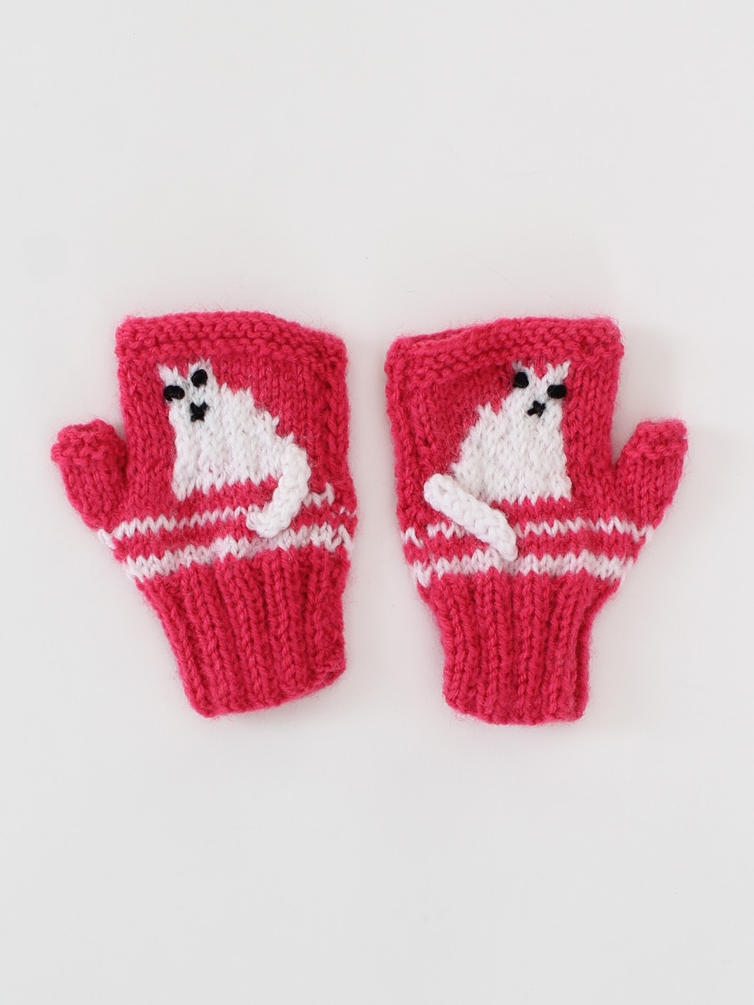 Handmade Knitted Fingerless Cat Design Gloves-Pink