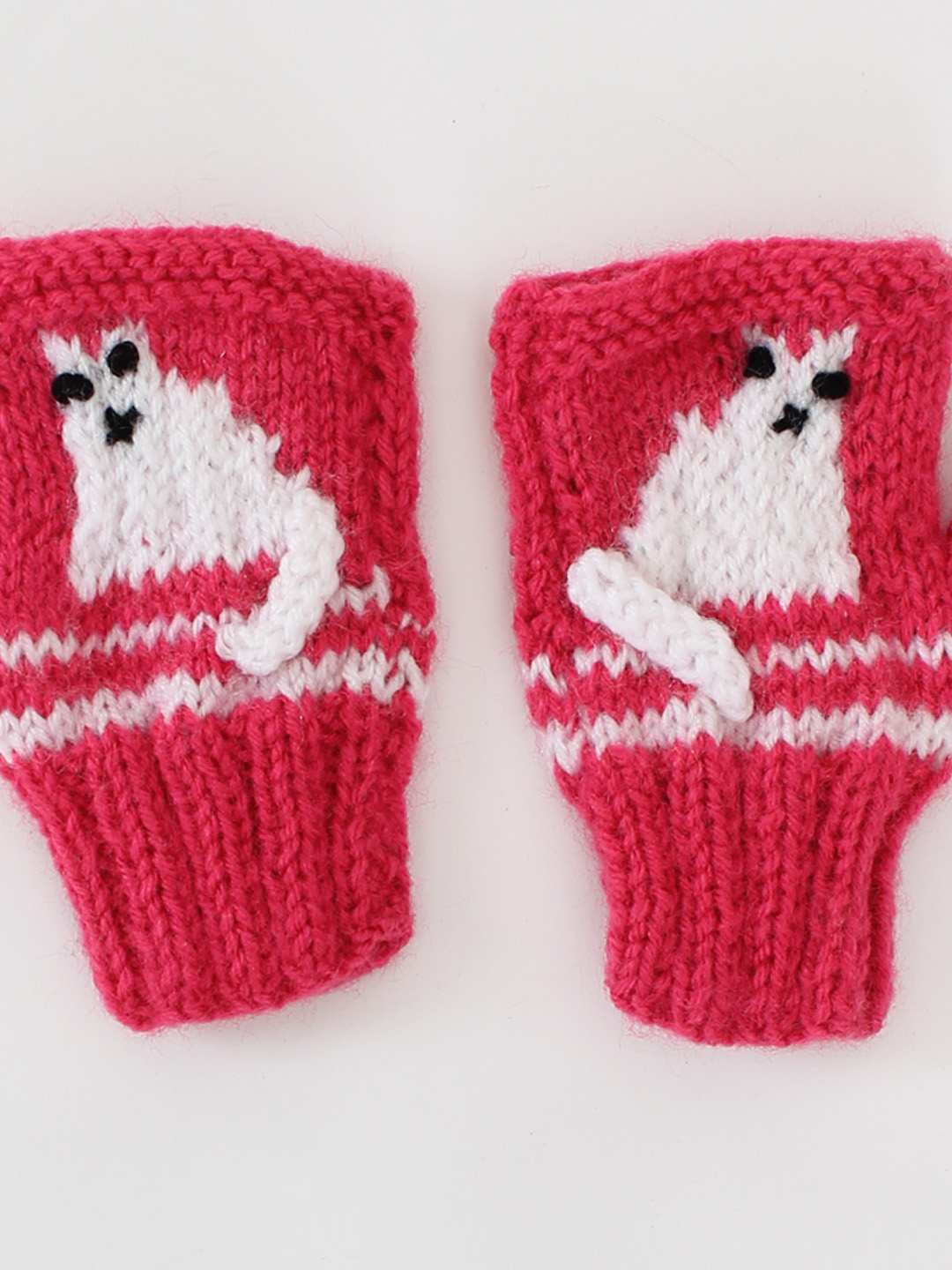 Handmade Knitted Fingerless Cat Design Gloves-Pink