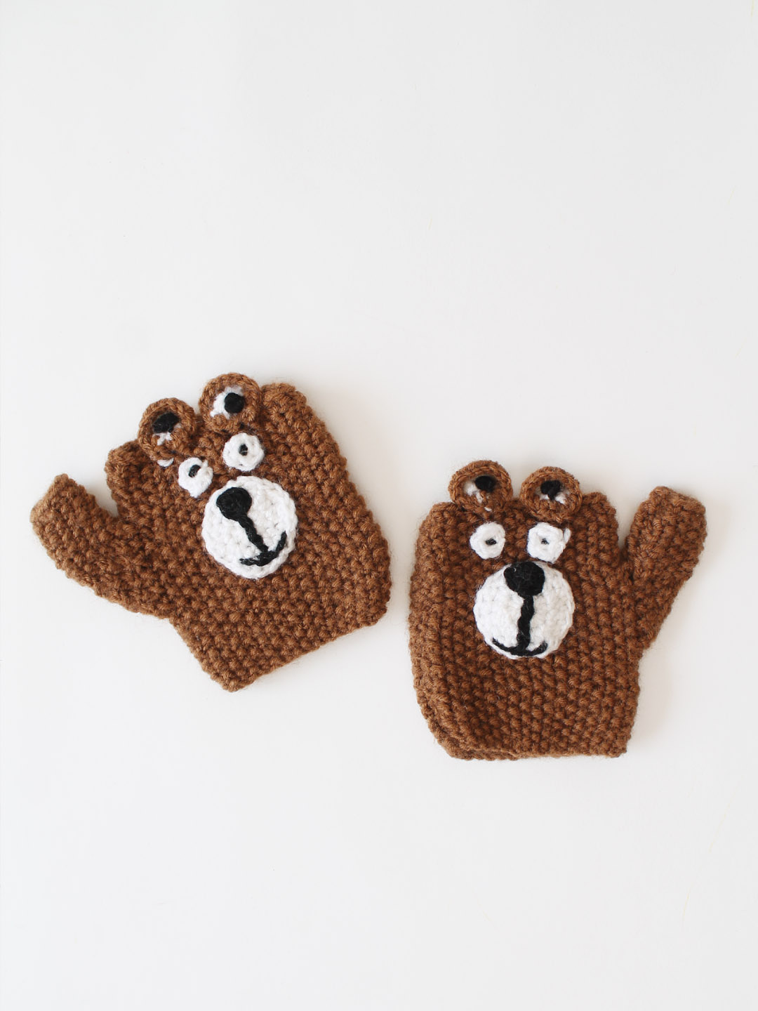 Woonie Bear Applique Detailed Fingerless Gloves - Brown