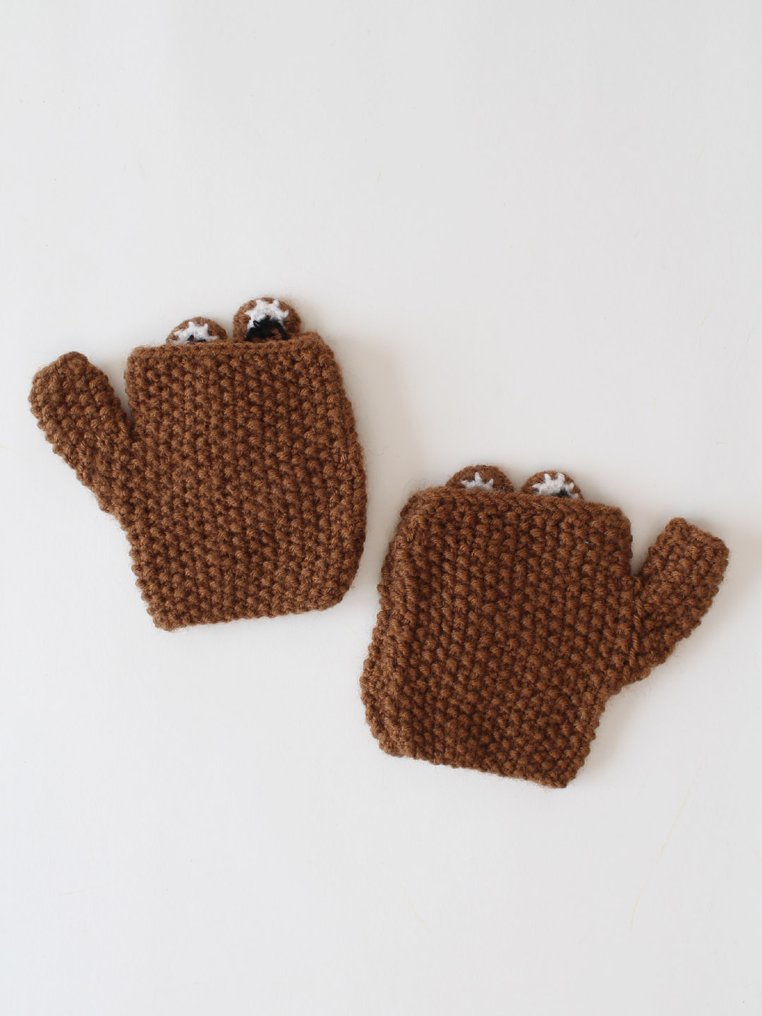 Woonie Bear Applique Detailed Fingerless Gloves - Brown