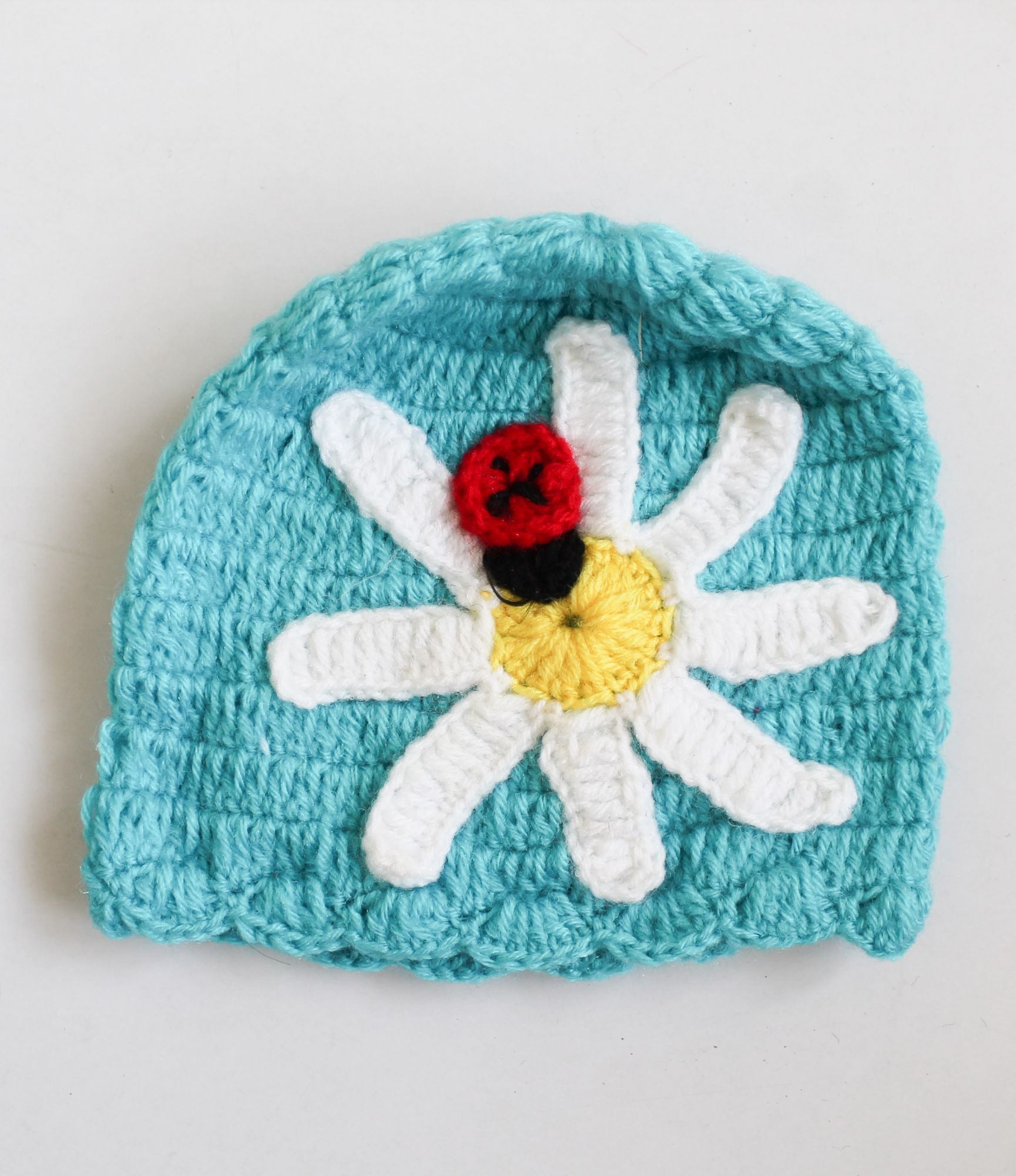 Woonie Handmade Floral Design Cap With Mittens & Booties - Blue