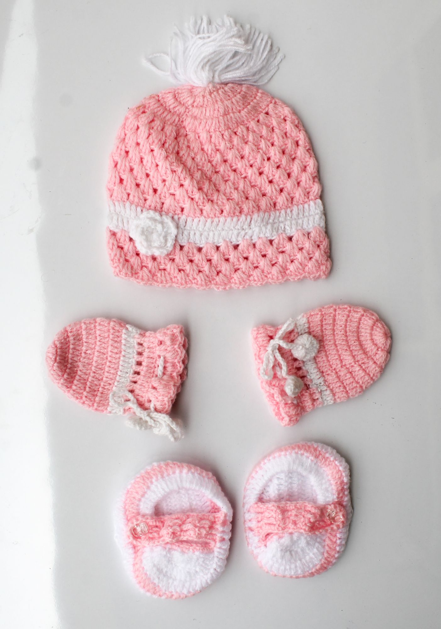 Pink Woolen Cap with Matching Mittens and Booties