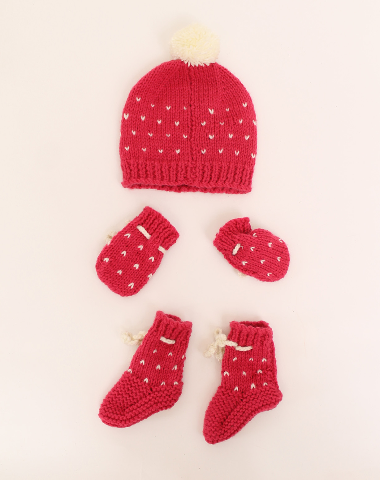 Woonie Handmade Knitted Embroidered Cap With Mittens & Booties - Pink