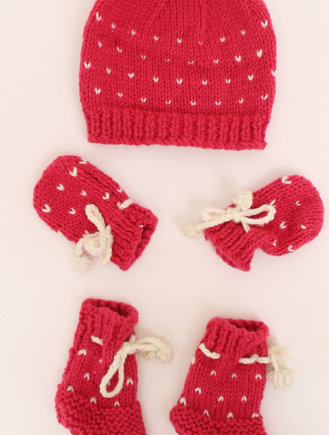 Woonie Handmade Knitted Embroidered Cap With Mittens & Booties - Pink