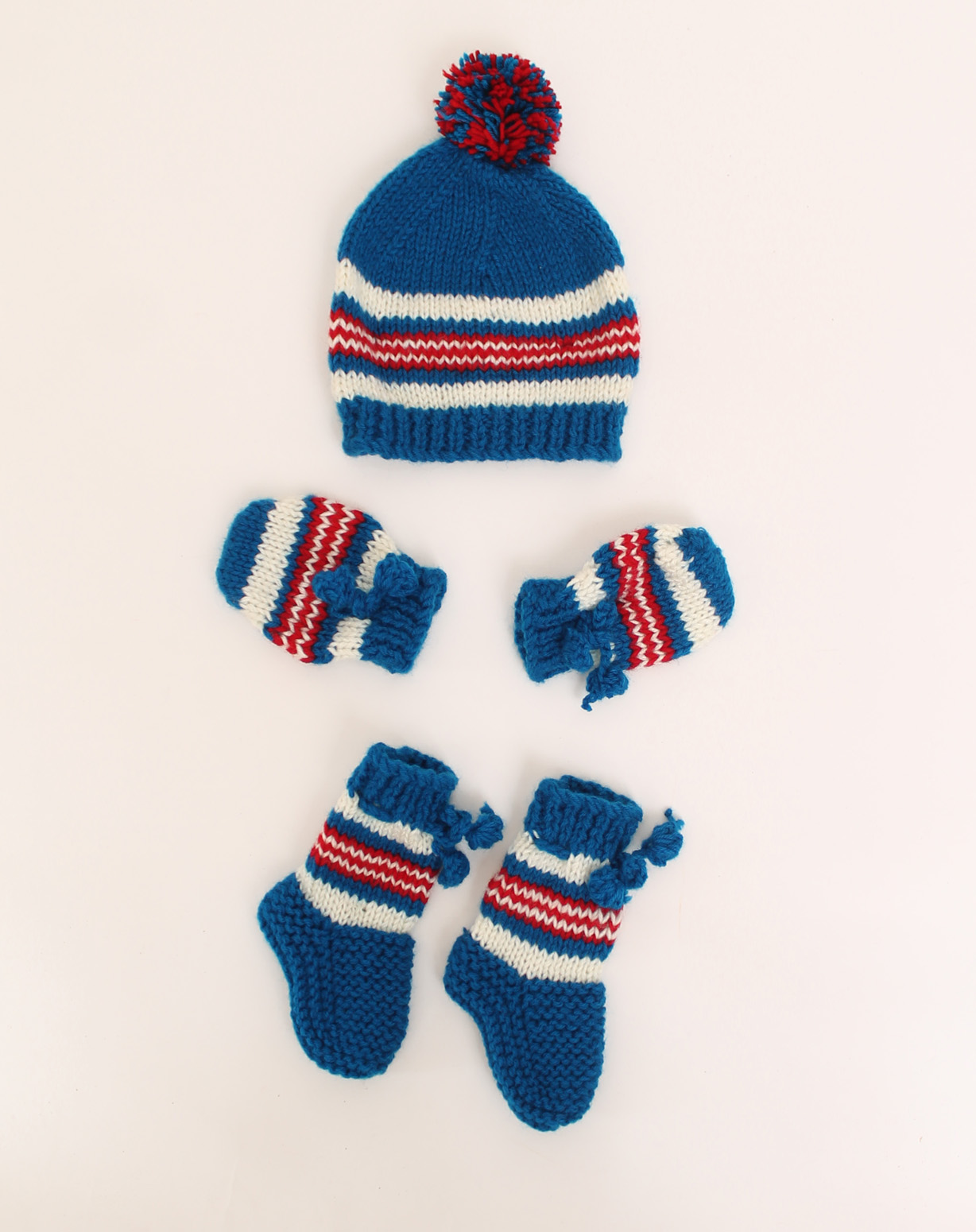 Woonie Handmade Knitted Striped Cap With Mittens & Booties - Blue