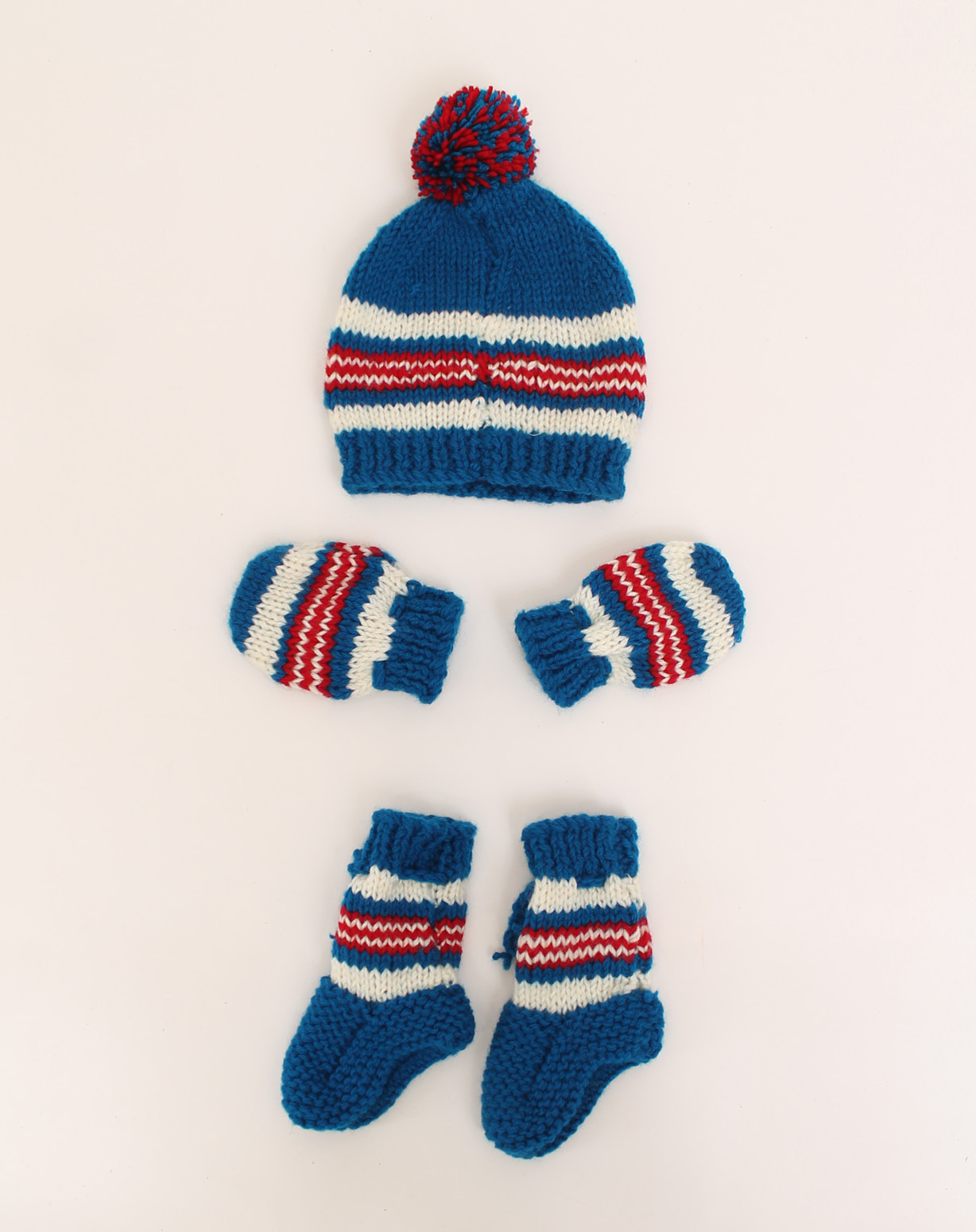 Woonie Handmade Knitted Striped Cap With Mittens & Booties - Blue