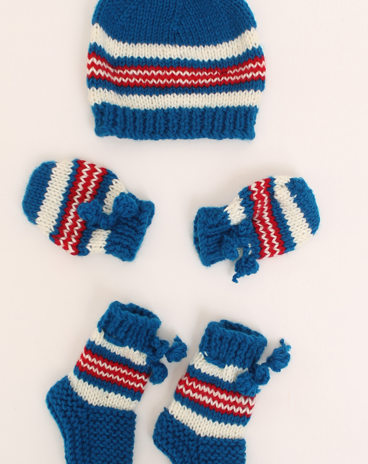 Woonie Handmade Knitted Striped Cap With Mittens & Booties - Blue