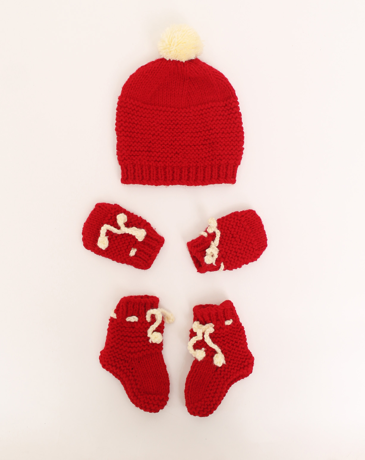 Woonie Handmade Knitted Self Design Cap With Mittens & Booties - Red
