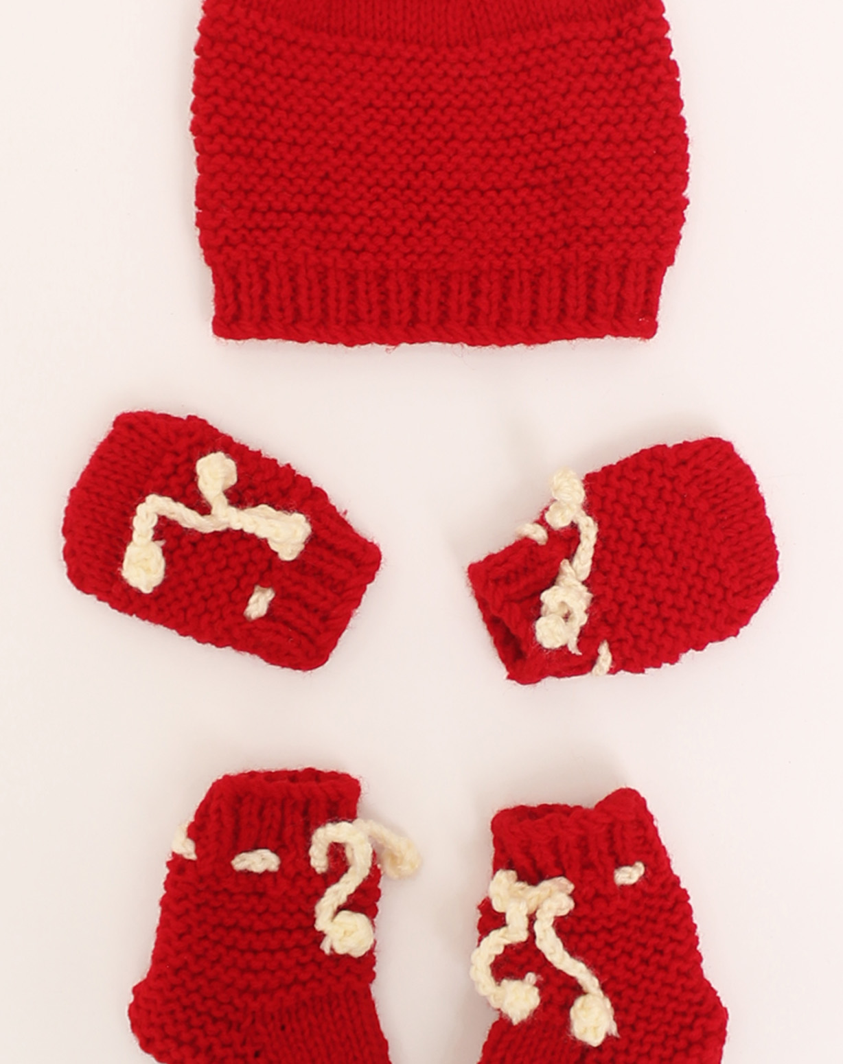 Woonie Handmade Knitted Self Design Cap With Mittens & Booties - Red