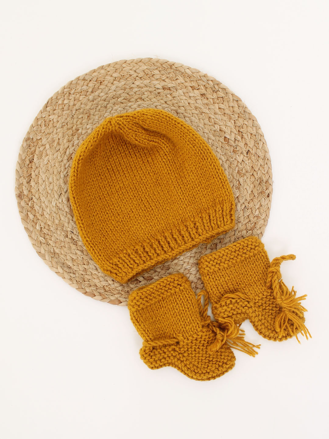 Woonie Handmade Knitted Cap & Booties - Mustard