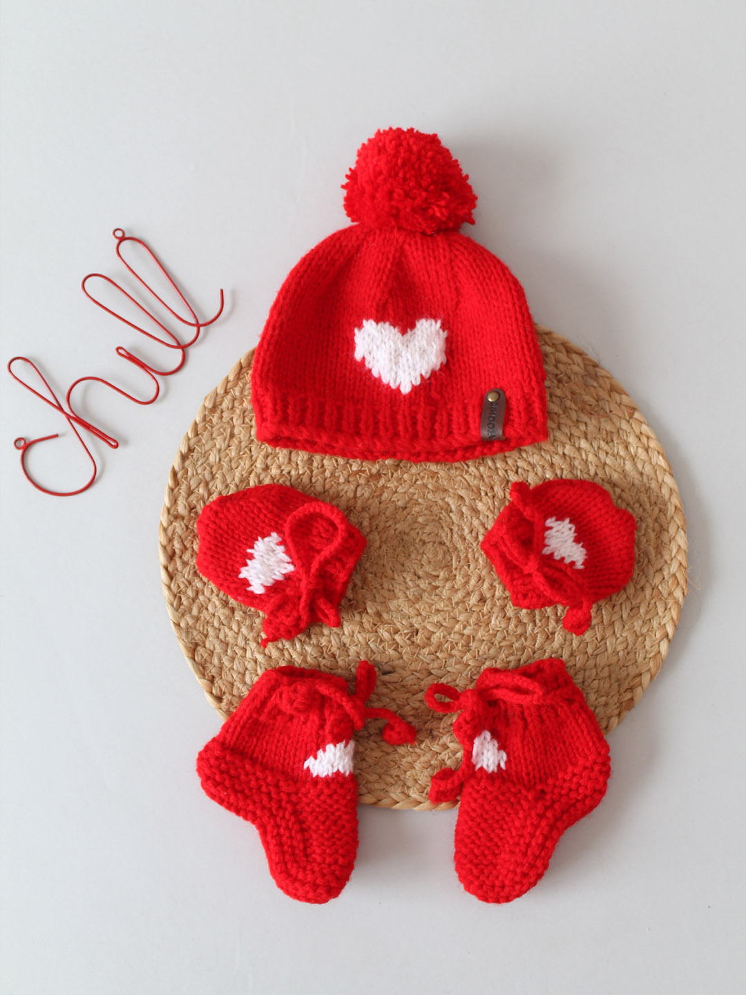 Woonie Heart Design Cap with Matching Mittens and Socks Set