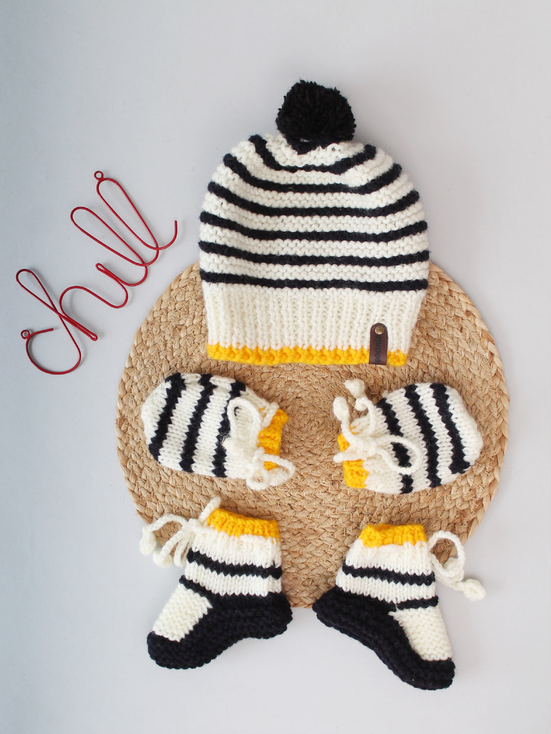 Woonie Handknitted Striped Cap with Matching Mittens and Socks Set