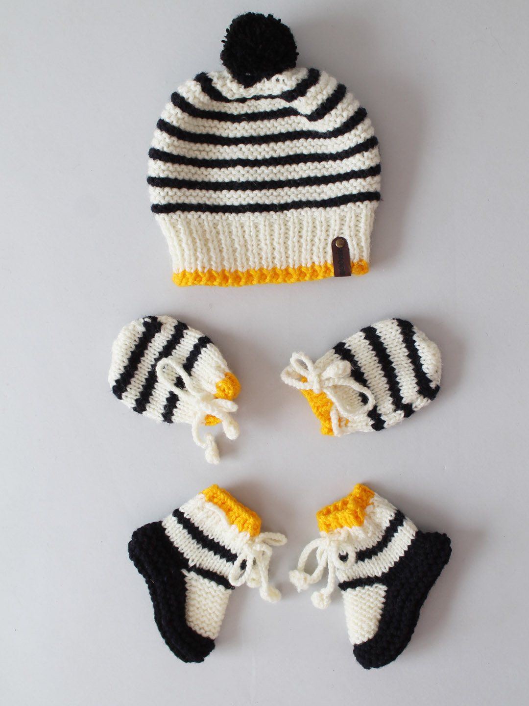 Woonie Handknitted Striped Cap with Matching Mittens and Socks Set