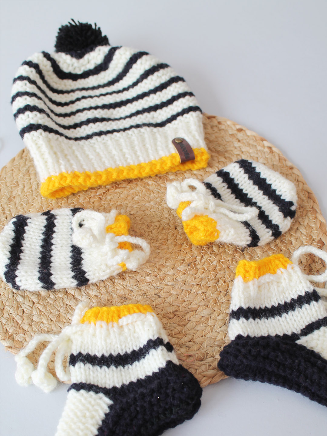 Woonie Handknitted Striped Cap with Matching Mittens and Socks Set