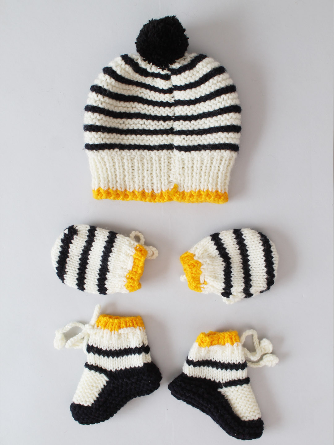 Woonie Handknitted Striped Cap with Matching Mittens and Socks Set