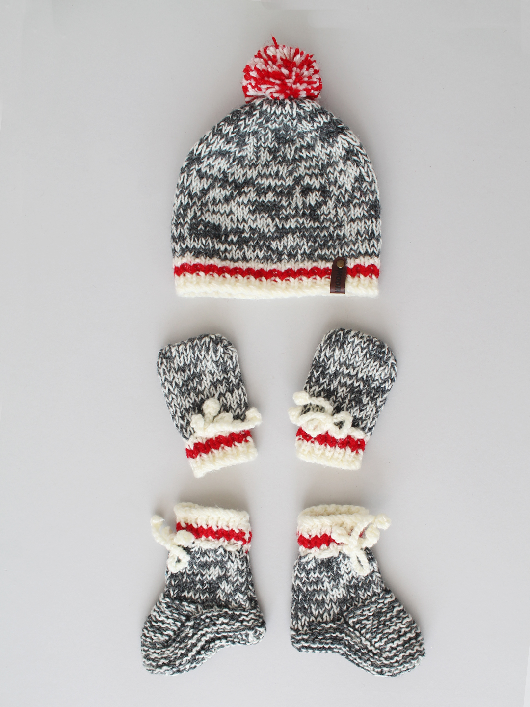 Woonie Handknitted Shaded Cap with Matching Mittens and Socks Set