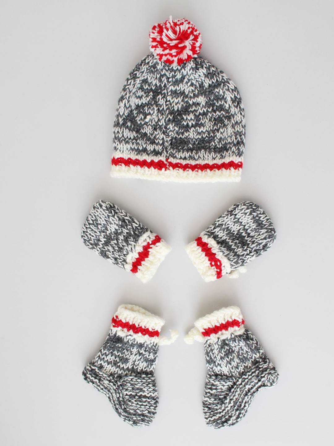 Woonie Handknitted Shaded Cap with Matching Mittens and Socks Set