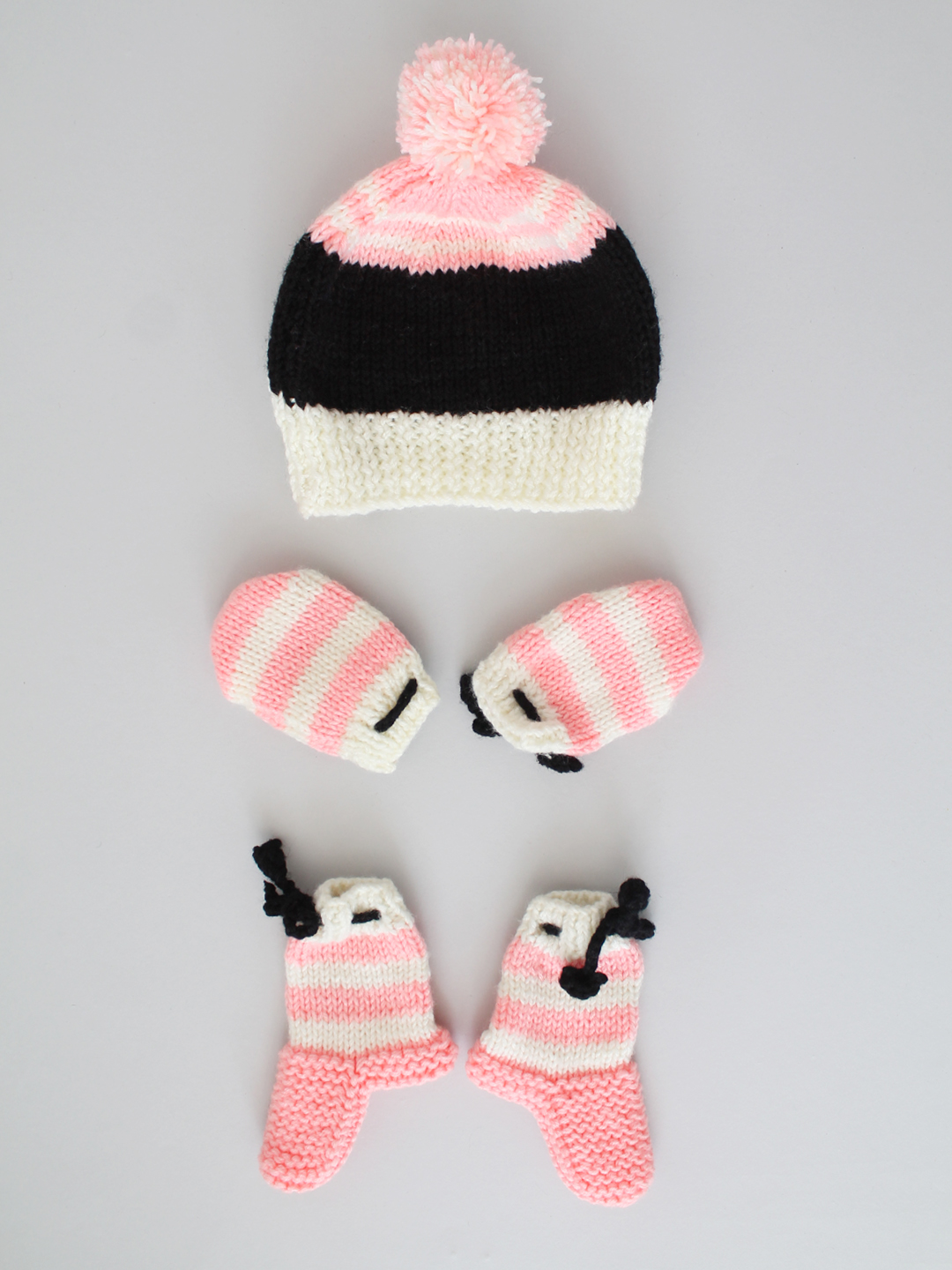 Woonie Handknitted Penguin Design Cap with Matching Mittens and Socks Set