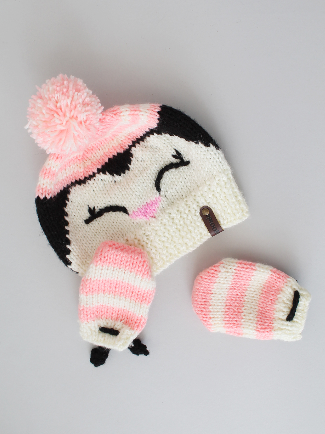 Woonie Handknitted Penguin Design Cap with Matching Mittens and Socks Set